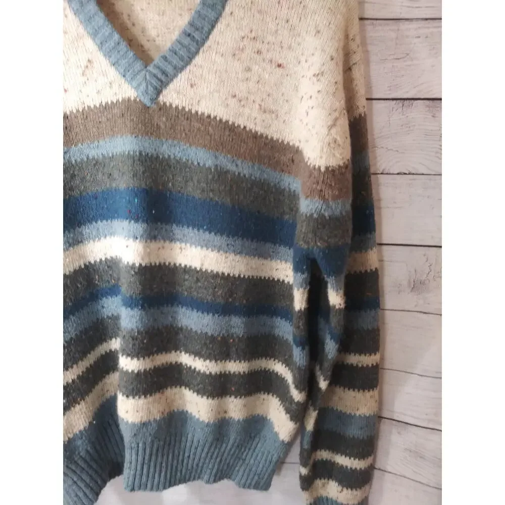 Vintage The Sundays Sportswear Co. Cream Tan Blue V-Neck Grandpa Sweater Sz XL